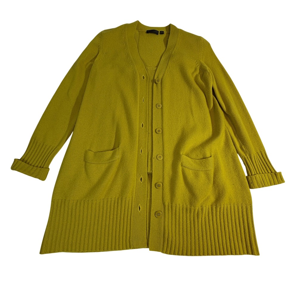 Vintage Donna Karan Cashmere Twinset Size M Chartreuse Long Cardigan Shell